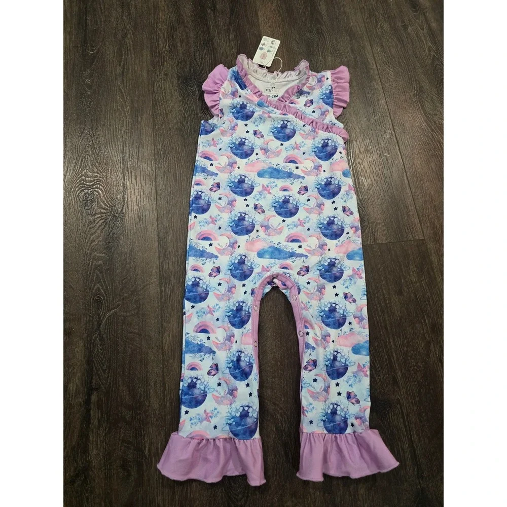 Pete + Lucy Girls Celestial Romper Ruffle Trim Blue Pink Purple 18-24M NWT